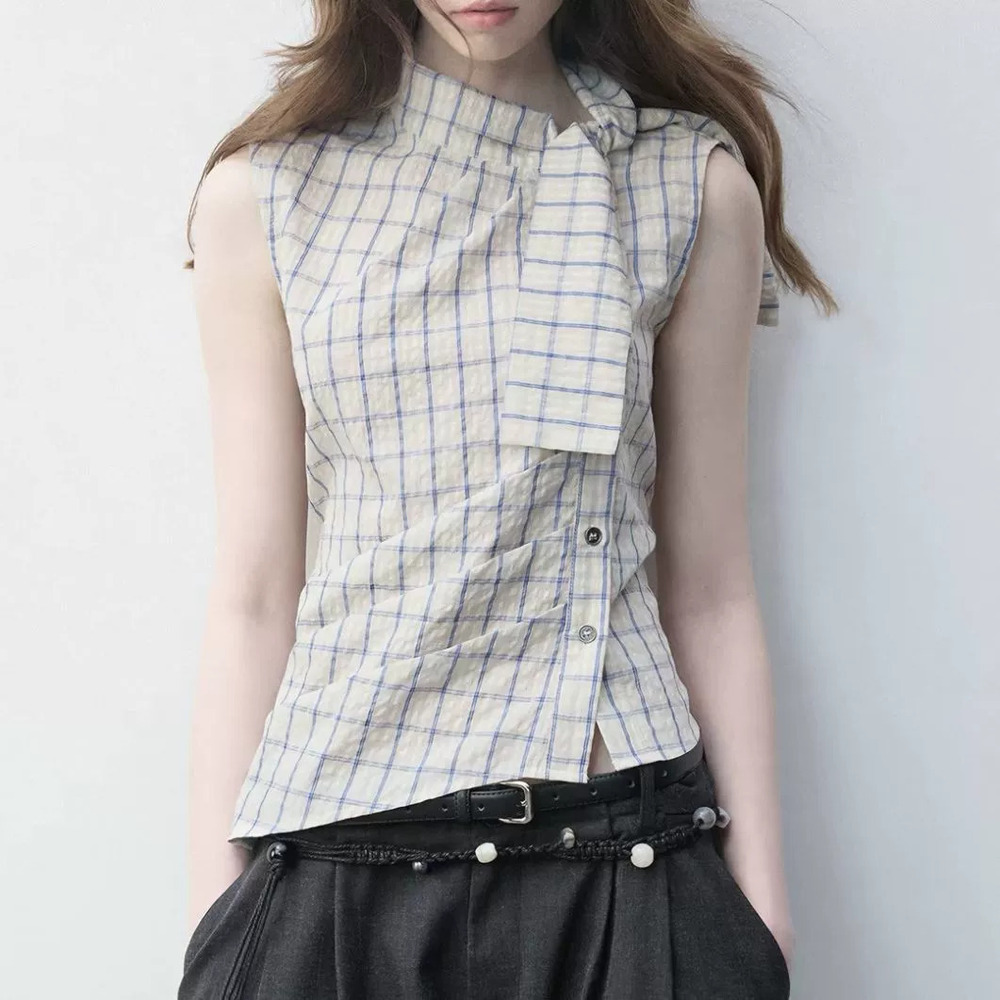 Zara Plaid High Neck Tie Waist Blouse Summer Slim